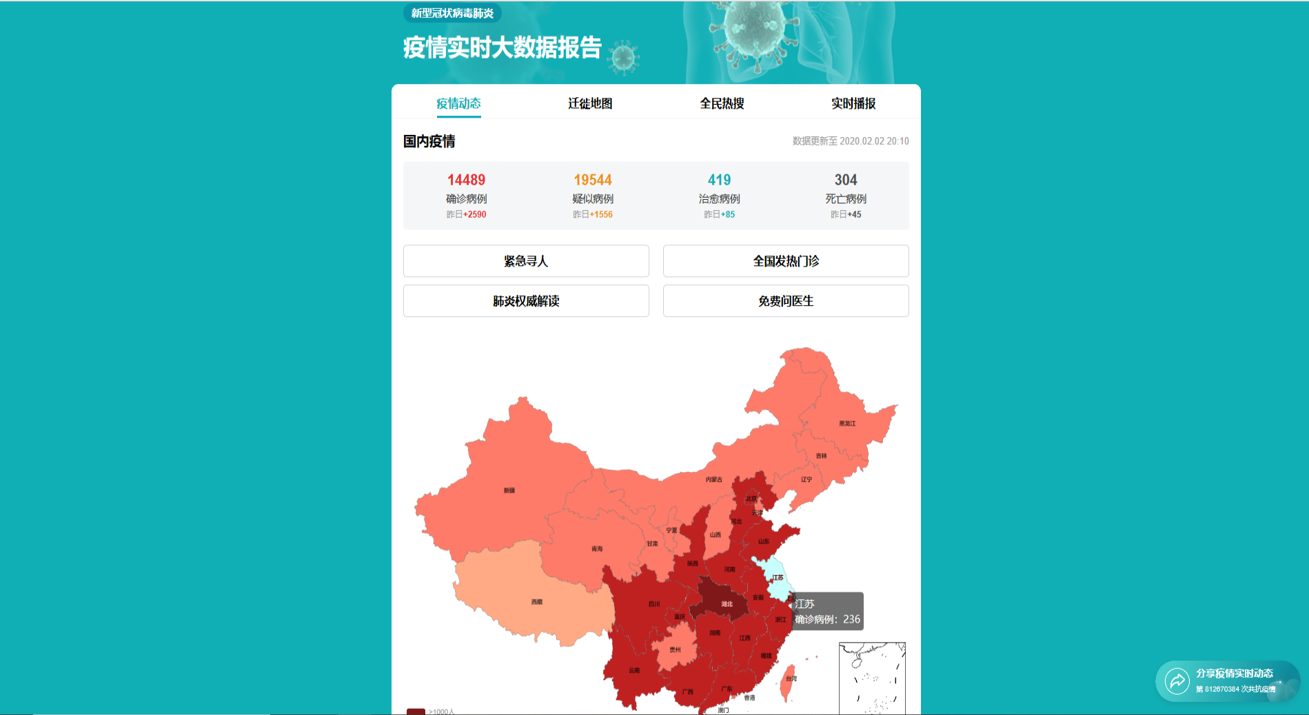 新型冠狀病毒肺炎疫情實時大數據報告